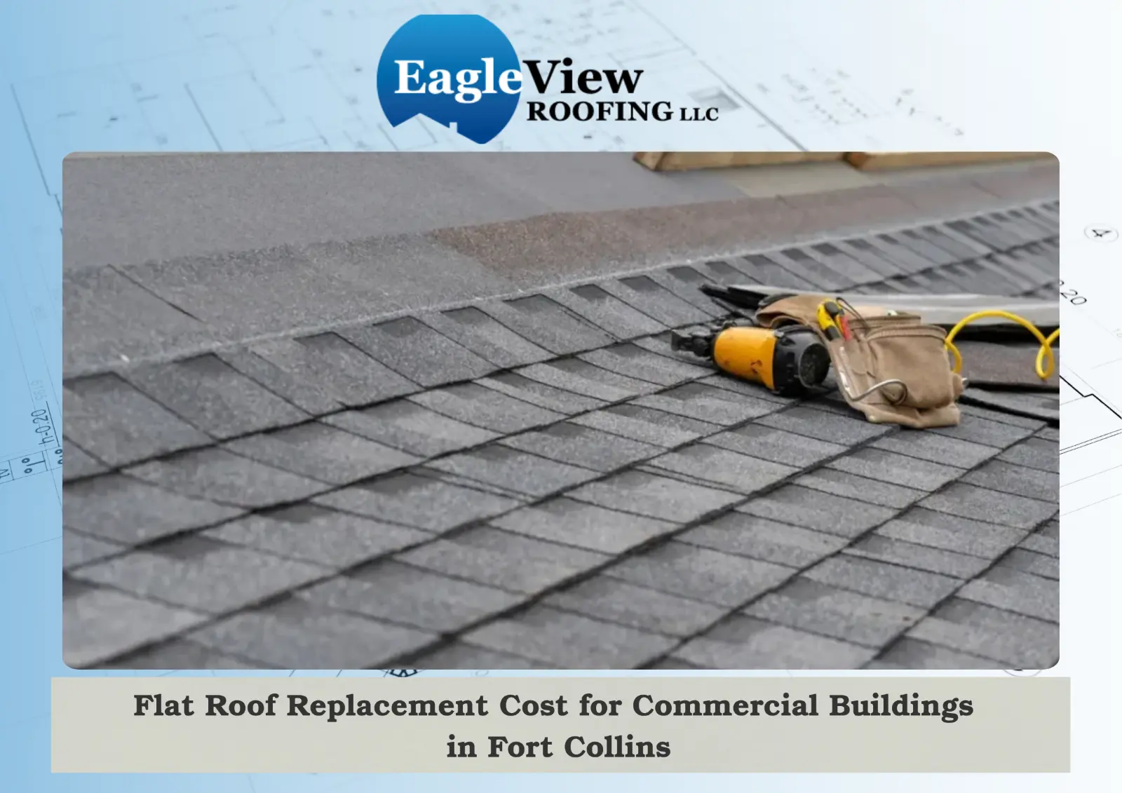 Commercial flat roof shingles with nail gun and tool pouch during replacement in Fort Collins