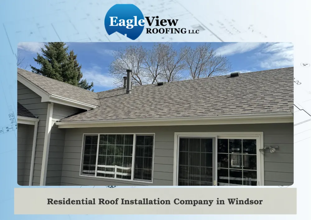 Windsor home with newly installed roof shingles, white trim, and sliding glass doors